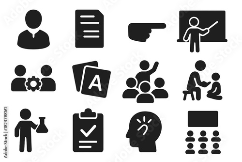 Teaching Strategy Icons. Solid style icons of teaching strategies: teacher figure, lesson plan, pointer, blackboard, interactive