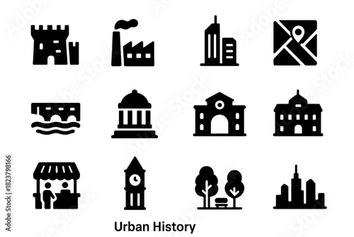 Urban Evolution Icons. Solid style icons of Urban History: ancient city walls, industrial factory, modern skyscraper, city map,