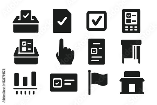 Voting System Icons. Solid style icons of voting systems: ballot box, voting paper, check mark, voting machine, ballot scanner,
