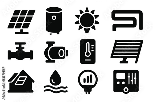 Solar Heating Icons. Solid style icons of solar heating: solar panel, hot water tank, sun icon, piping, valve, pump, thermostat,