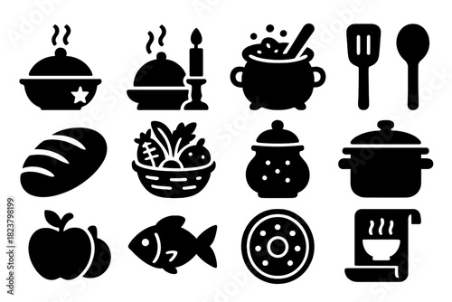 Cultural Cuisine Icons. Solid style icons of Food and Culture: cultural dish, ceremonial meal, ancient recipe, kitchen tools,