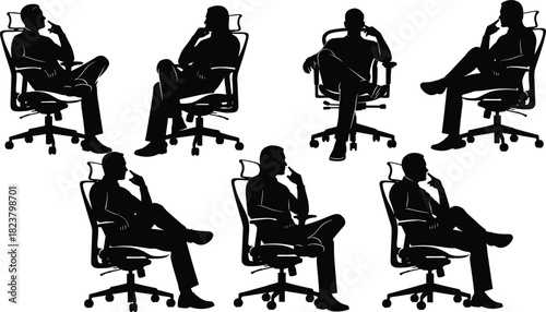 Silhouette collection of businessman sitting and thinking in office chair, contemplative workplace posture illustration for corporate design, business concept and creativity
