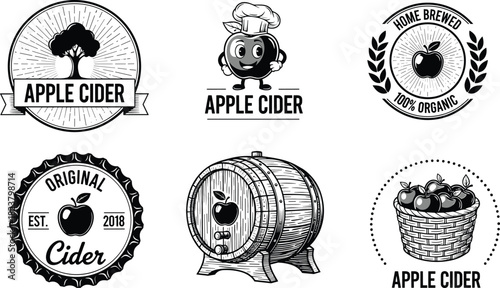 Vintage apple cider label collection featuring barrels, baskets, badges, organic emblems and cartoon apple mascot, handcrafted retro drink branding designs