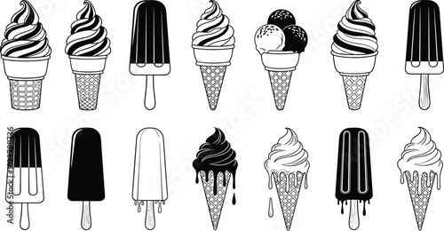 Set of assorted ice cream cones and popsicles in black and white line art style, dessert illustration collection for food design projects