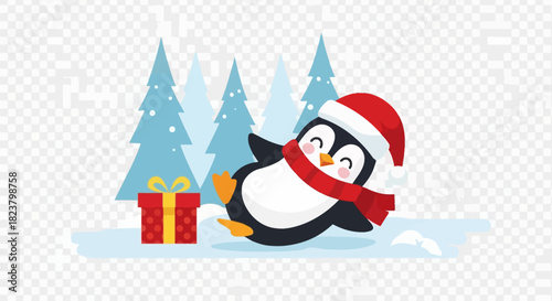 Cartoon festive penguin sliding in snow beside gift and fir trees in winter wonderland