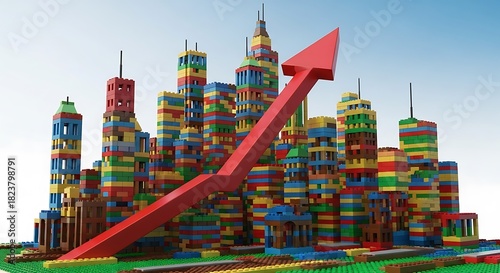 Colorful Cityscape with Rising Red Arrow Symbolizing Growth.