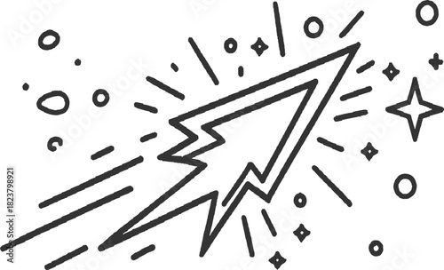 Black lightning bolt rocket ship with stars and circles in space vector