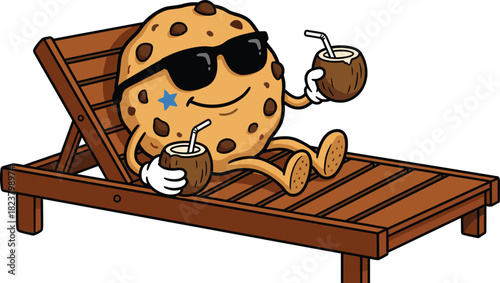 Cute cartoon cookie character relaxing on beach lounger with coconut drinks, summer vacation illustration for fun dessert, food, holiday themed design