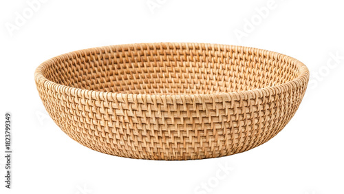 Wide shallow woven bowl basket made of natural rattan 