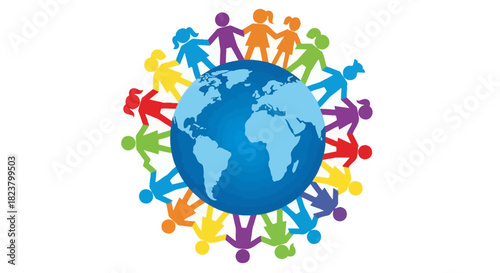 Harmony on Earth: Children holding hands surrounding the globe together peacefully