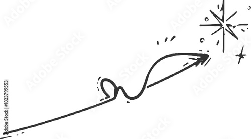 Hand drawn black arrow pointing towards a starburst with dots and dashes drawing sketch