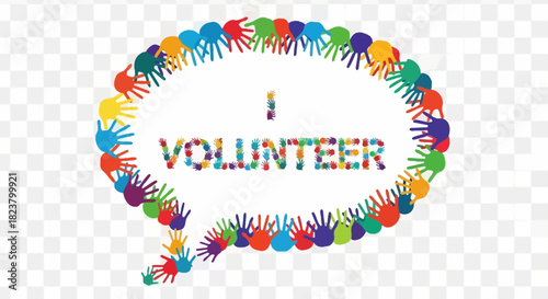 Symbolic volunteer expression in a social bubble with diverse handprints signifying togetherness