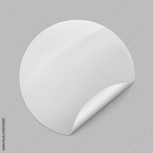 Round plastic curled sticker mockup. Vector illustration on isolated on grey background. Ready for your design, idea. EPS10.	