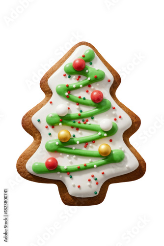Christmas tree shaped Gingerbread Cookie for Christmas on Clear Transparent Background. Ideal for advertising layouts, banners, designs.