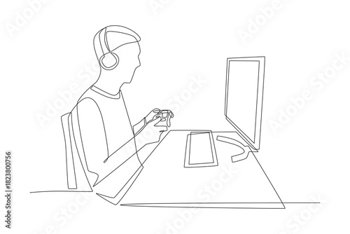 People with a desktop setup in bedroom concept one-line drawing