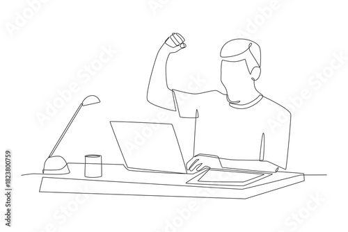 People with a desktop setup in bedroom concept one-line drawing