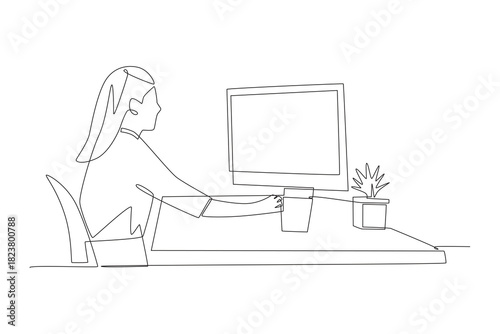 People with a desktop setup in bedroom concept one-line drawing