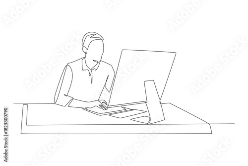 People with a desktop setup in bedroom concept one-line drawing