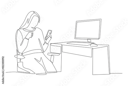 People with a desktop setup in bedroom concept one-line drawing