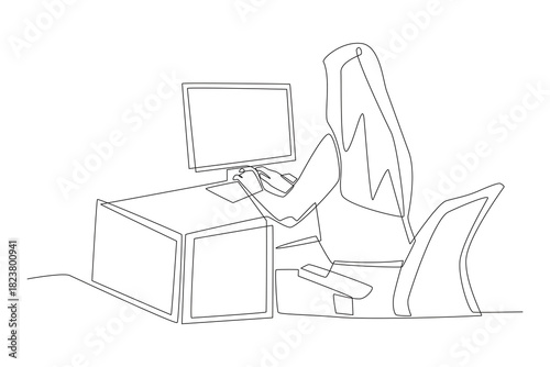 People with a desktop setup in bedroom concept one-line drawing