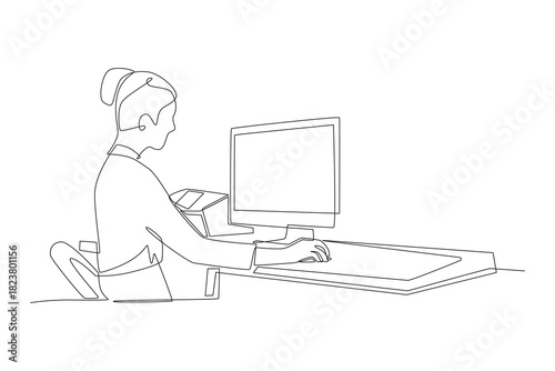 People with a desktop setup in bedroom concept one-line drawing