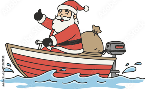 Santa claus giving a thumbs up while driving a small red motorboat with a sack