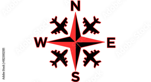 Directional aviation flight compass rose design with planes for global travel and exploration