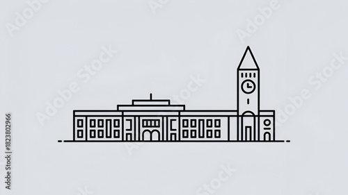 Minimalist vector illustration of a government building simple line drawing of a city hall with a clock tower isolated on white background