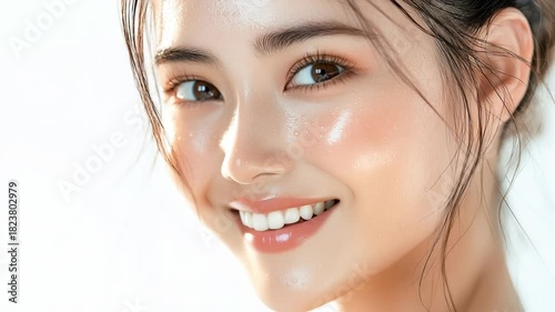 Beautiful young Asian woman face with radiant glowing skin with water drops. Beauty skin care make up cosmetics concept banner