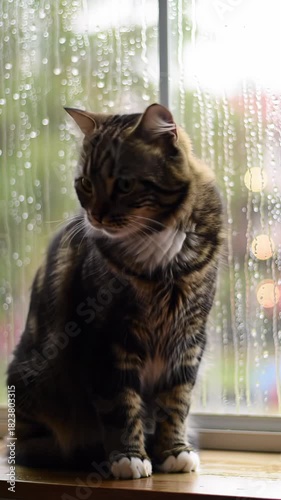 A fluffy brown and white domestic tabby cat with bright emerald eyes sits on a wooden sill, gazing contemplatively through a rain-streaked window. Blurred foliage and urban lights beyond. Cinematic,