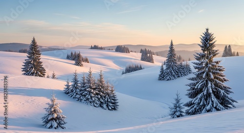 Snowy Winter Landscape with Frosted Pine Trees at Sunset