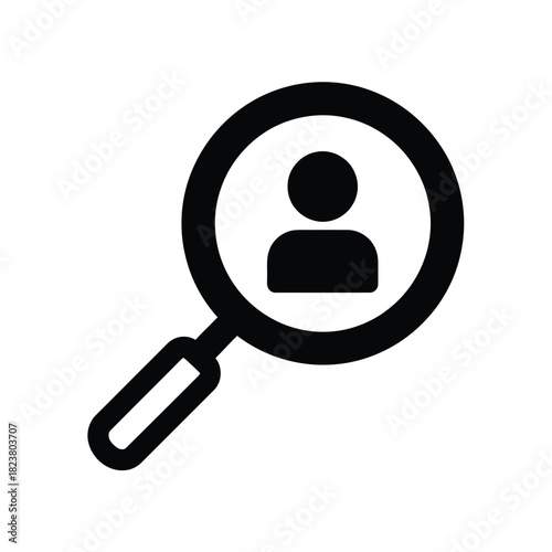 Magnifying glass searching for a person icon, representing recruitment, human resources, and finding someone on a white background.111