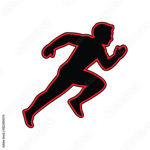 Silhouette of a male runner in motion, black and red outline, isolated on white background, dynamic pose, conveying speed and athleticism