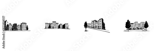 Urban Cityscape Doodle Sketch Set. Architectural Building Illustrations In Hand Drawn Style Collection. City Planning And Urban Development Concepts. Isolated Vector Illustration