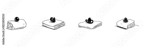 Folded Towels With Pacifiers Doodle Sketch Set. Baby Care Essentials And Nursery Items In Hand Drawn Style Collection. Infant Comfort And Hygiene. Hand Drawn Isolated Vector Illustration