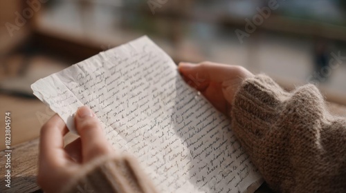 Person's hands holding a piece of paper with handwriting on it. the paper appears to be old and worn, with some creases and wrinkles.