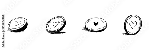 Coins With Heart Symbols Doodle Sketch Set. Love, Charity, And Generosity Representation In Hand Drawn Style Collection. Financial Support And Kindness. Hand Drawn Isolated Vector Illustration