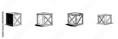 Wooden Crates Doodle Sketch Set. Shipping, Storage, And Packaging Solutions In Hand Drawn Style Collection. Rustic And Vintage Design Elements. Hand Drawn Isolated Vector Illustration