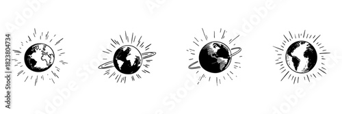 Earth With Rings And Rays Doodle Sketch Set. Planetary Symbolism And Cosmic Energy In Hand Drawn Style Collection. Celestial And Astronomical Themes. Isolated Vector Illustration