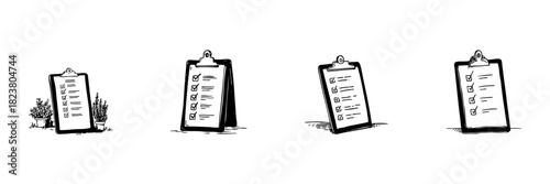 Checklist Clipboard Doodle Sketch Set. Task Management, Organization, And Productivity Enhancement In Hand Drawn Style Collection. Efficient Planning Tools. Hand Drawn Isolated Vector Illustration