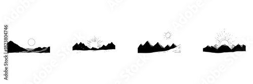 Mountain Landscape With Sun Doodle Sketch Set. Scenic Nature, Sunrise And Sunset Views In Hand Drawn Style Collection. Minimalist Mountainous Horizon. Isolated Vector Illustration