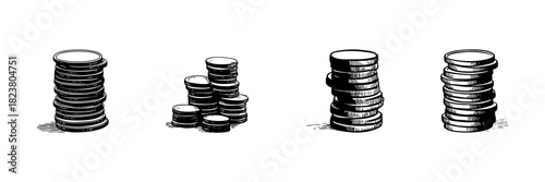 Stacks Of Coins Doodle Sketch Set. Financial Growth, Savings, And Wealth Accumulation In Hand Drawn Style Collection. Economic Prosperity And Investment. Isolated Vector Illustration