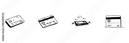 Credit Card Doodle Sketch Set. Financial Transactions, Banking, And Payment Methods In Hand Drawn Style Collection. E-Commerce And Digital Payments. Hand Drawn Isolated Vector Illustration