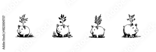 Piggy Bank With Growing Plant Doodle Sketch Set. Financial Growth, Investment, Savings In Hand Drawn Style Collection. Economic Prosperity And Wealth Accumulation. Isolated Vector Illustration