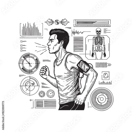 Detailed illustration of a male runner's physiological performance, surrounded by advanced biometric data, skeletal structure, and health diagnostics.