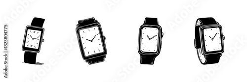 Rectangular Wristwatches Doodle Sketch Set. Timekeeping And Fashion Accessories In Hand Drawn Style Collection. Classic And Modern Watch Designs. Isolated Vector Illustration