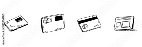 Credit And Id Cards Doodle Sketch Set. Financial Transactions And Personal Identification In Hand Drawn Style Collection. Payment Methods And Security. Hand Drawn Isolated Vector Illustration