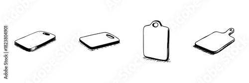 Cutting Boards Doodle Sketch Set. Kitchen Preparation Tools And Culinary Essentials In Hand Drawn Style Collection. Versatile Cooking Accessories. Isolated Vector Illustration