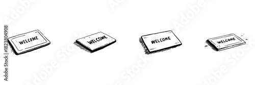 Welcome Mat Doodle Sketch Set. Hospitality And Home Decor In Hand Drawn Style Collection. Inviting Atmosphere And Friendly Greeting. Hand Drawn Isolated Vector Illustration