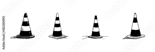 Traffic Cones Doodle Sketch Set. Road Safety, Construction, And Hazard Warning Symbols In Hand Drawn Style Collection. Black And White Illustrations. Isolated Vector Illustration